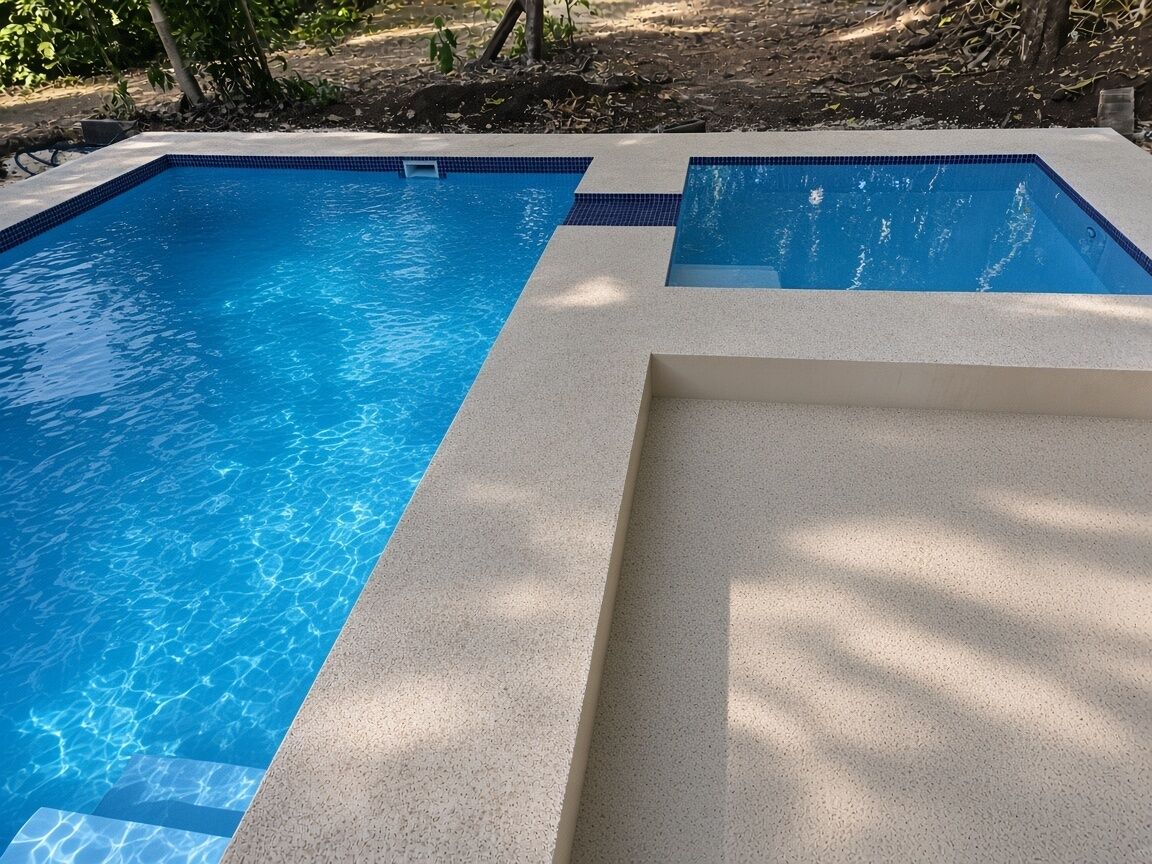 A rectangular swimming pool with a tiled edge and a concrete deck area.