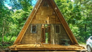 Een houten A-frame hutje met een voordeur en ramen, omgeven door bomen.