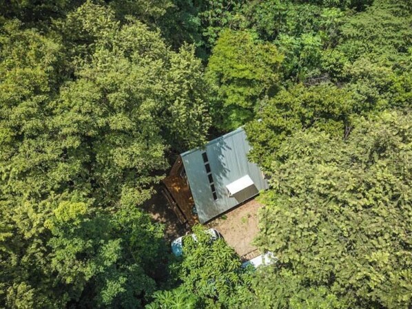 An aerial view of a small, single-story building surrounded by dense forest.