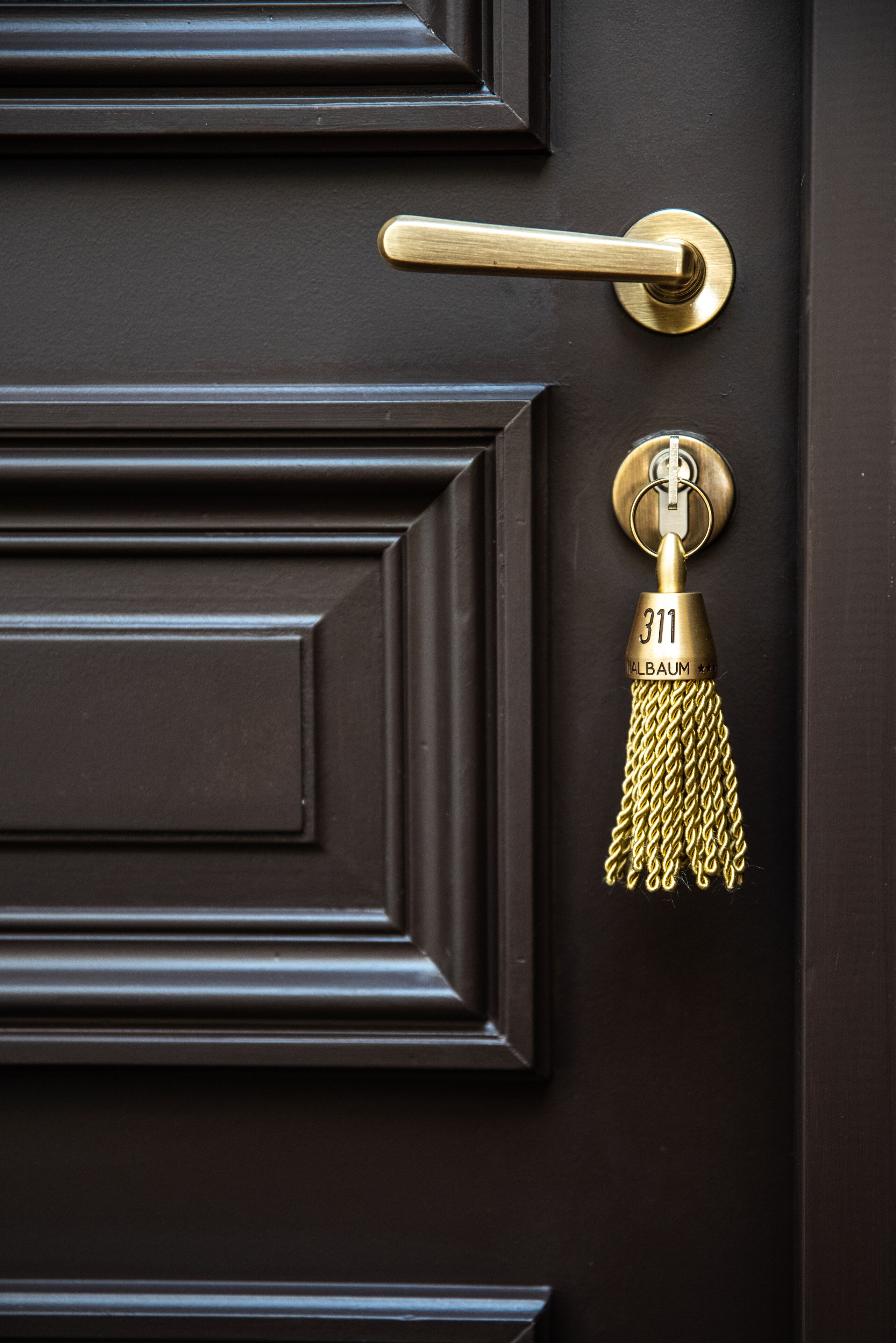 A dark brown door with a brass handle and a brass keyhole with a number plate.