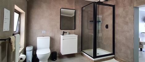 A bathroom with a toilet, sink, and glass-enclosed shower.