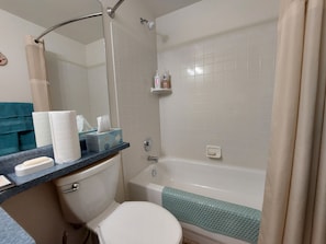 Secadora de cabello, toallas, jabón, papel de baño 