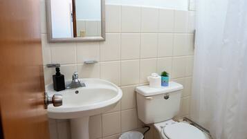 A bathroom with a white sink, toilet, and a small trash bin.