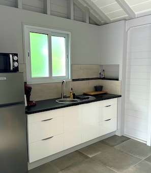 Fridge, microwave, stovetop, coffee/tea maker