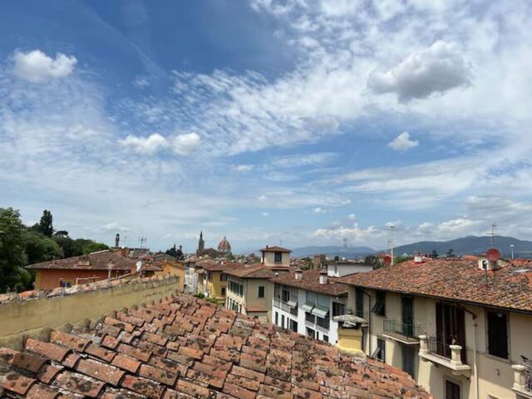 Vista d'edificis amb teulades de terracota i una cúpula al fons.