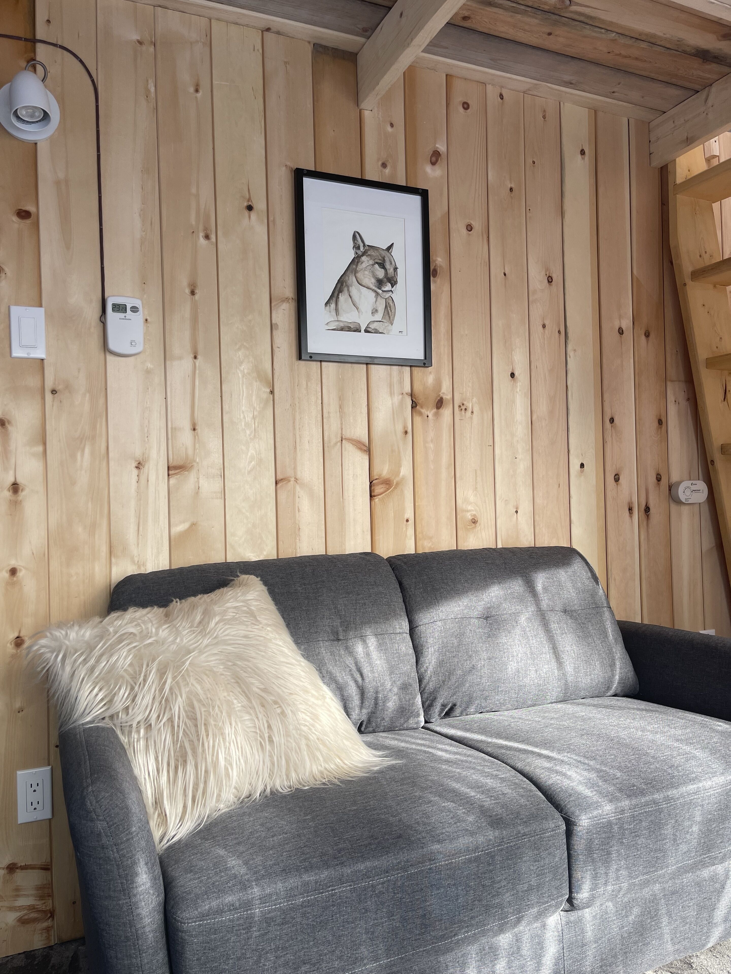 A grey sofa with a fluffy white pillow against a wooden wall with a framed animal illustration.