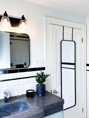 A modern bathroom with a granite sink, a mirror with lights, a potted plant, and a white door with black trim. - mid-century 70s retro studio, walk to restaurants (Houston)