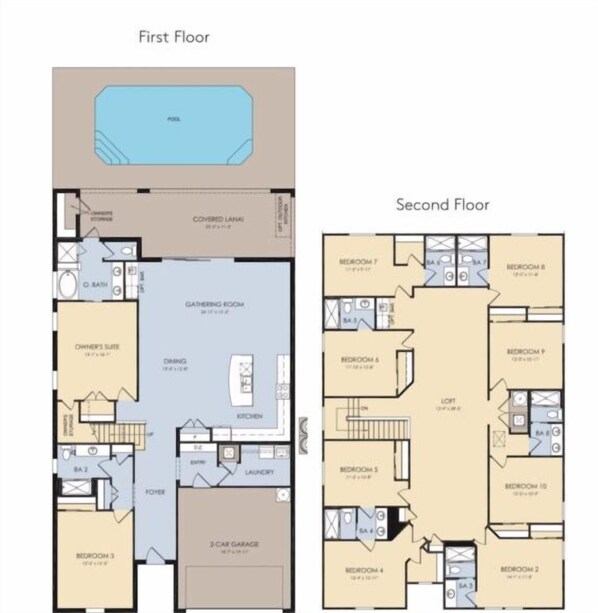 Indeling van een appartement over twee verdiepingen, met een overdekte veranda op de begane grond en een entresol op de tweede verdieping.