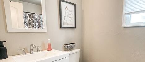 Hair dryer, towels, soap, toilet paper