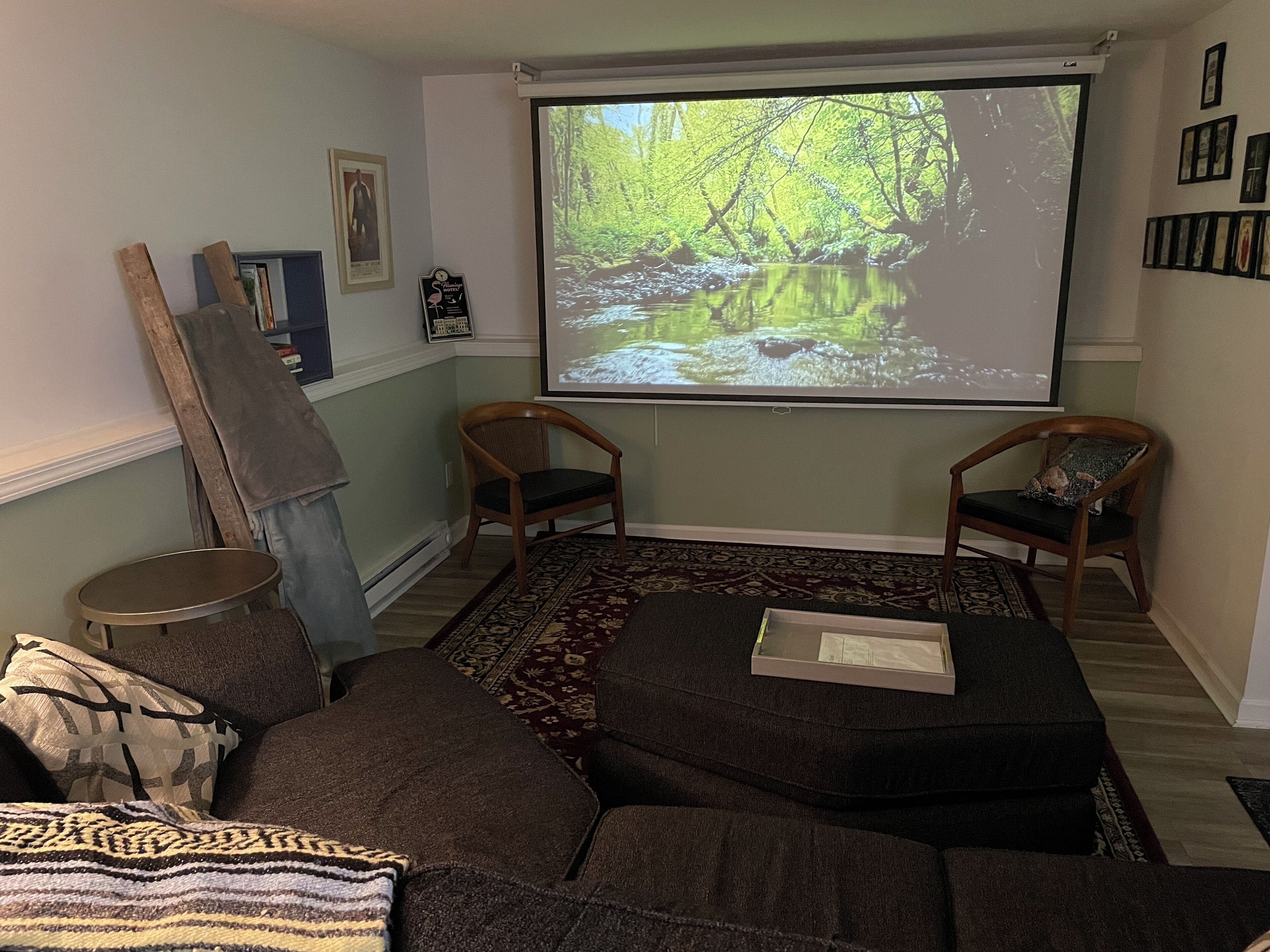A living room with a large screen displaying a nature scene, two wooden chairs, a sofa, and a patterned rug.
