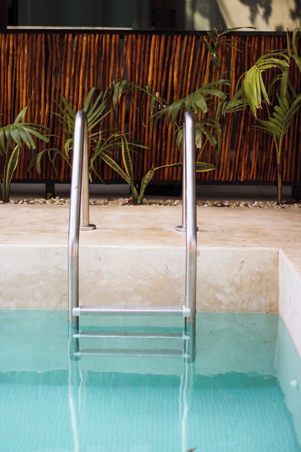 A pool with metal ladders, surrounded by plants and a bamboo wall.