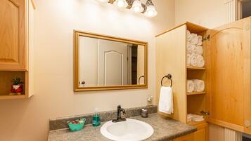 Hair dryer, towels, soap, shampoo