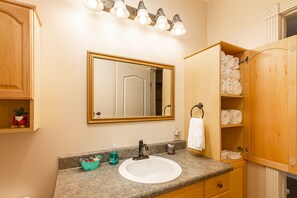 Hair dryer, towels, soap, shampoo