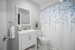 A bathroom with a white sink, mirror, and toilet. - Exquisite North End 1brm (Boston)