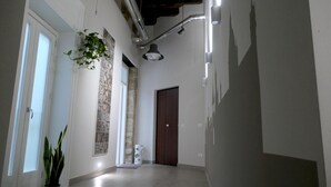 A hallway with a potted plant, a stone wall, a wooden door, and a light fixture. - Opera Suites - Tosca (Palermo)