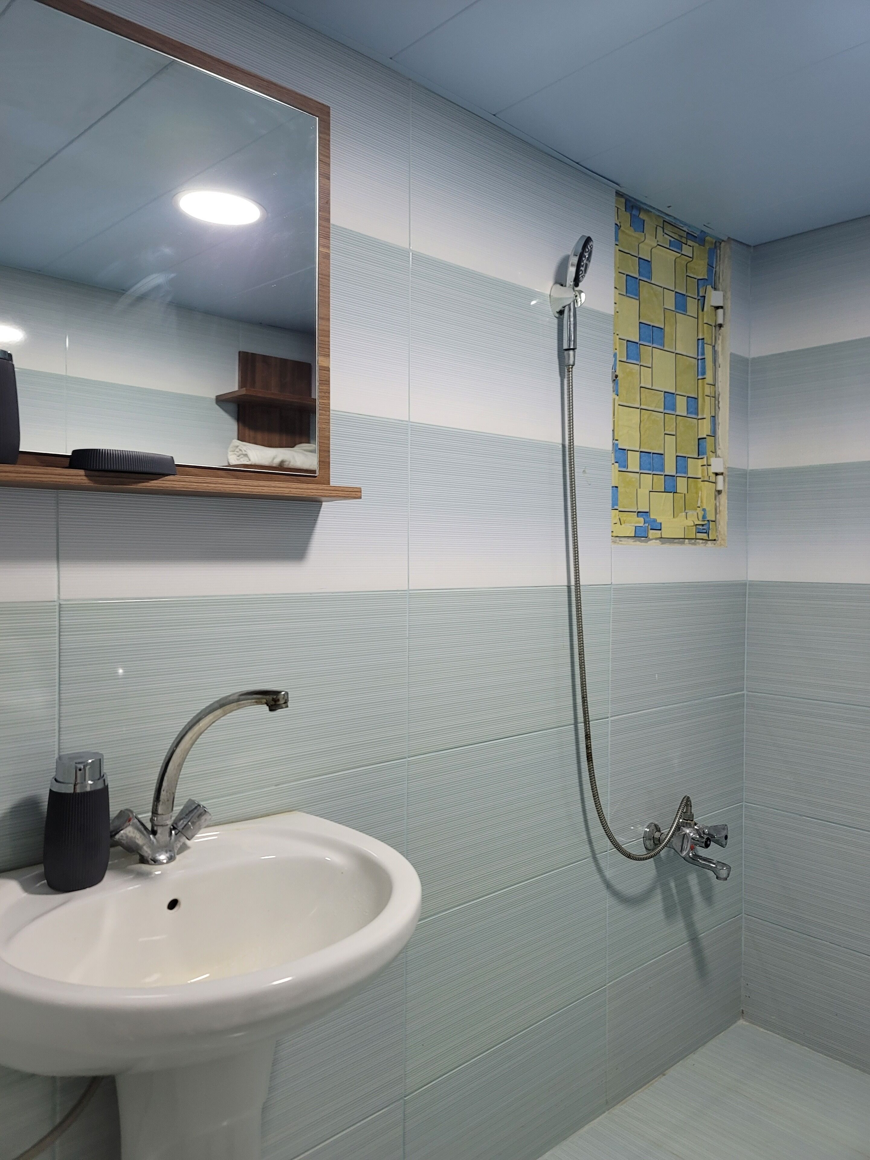 A bathroom with a white sink, a mirror, and a shower with a hose.