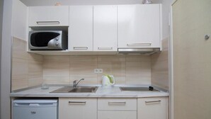 A compact kitchen with a built-in microwave, a kettle, and a dishwasher.