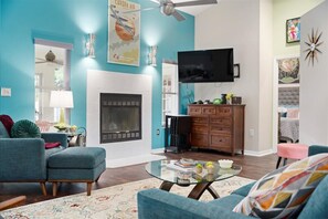 Smart TV, fireplace, books