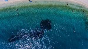 An aerial view of a beach with clear turquoise water, a sandy shore, and several colorful umbrellas and beach chairs. - Apartment in Dugi Rat with Seaview, Balcony, Air condition, WIFI (5132-4) (Dugi Rat)