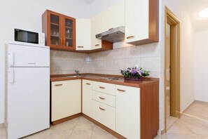 Fridge, microwave, stovetop, cookware/dishes/utensils