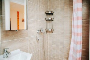 Regadera, secadora de cabello, jabón, papel de baño