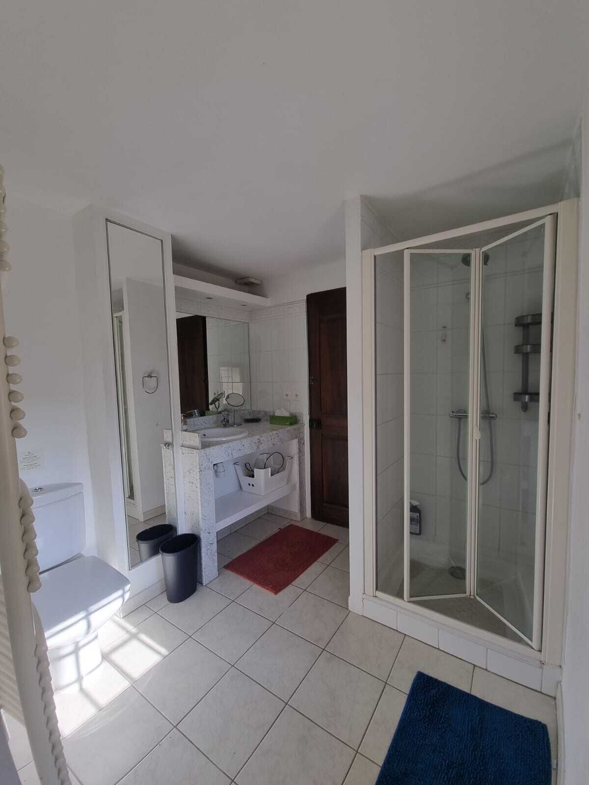A bathroom with a white sink, mirror, and shower enclosure.