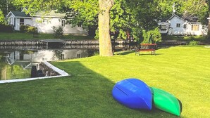 Une zone herbeuse avec une étendue d’eau, un arbre et un banc.