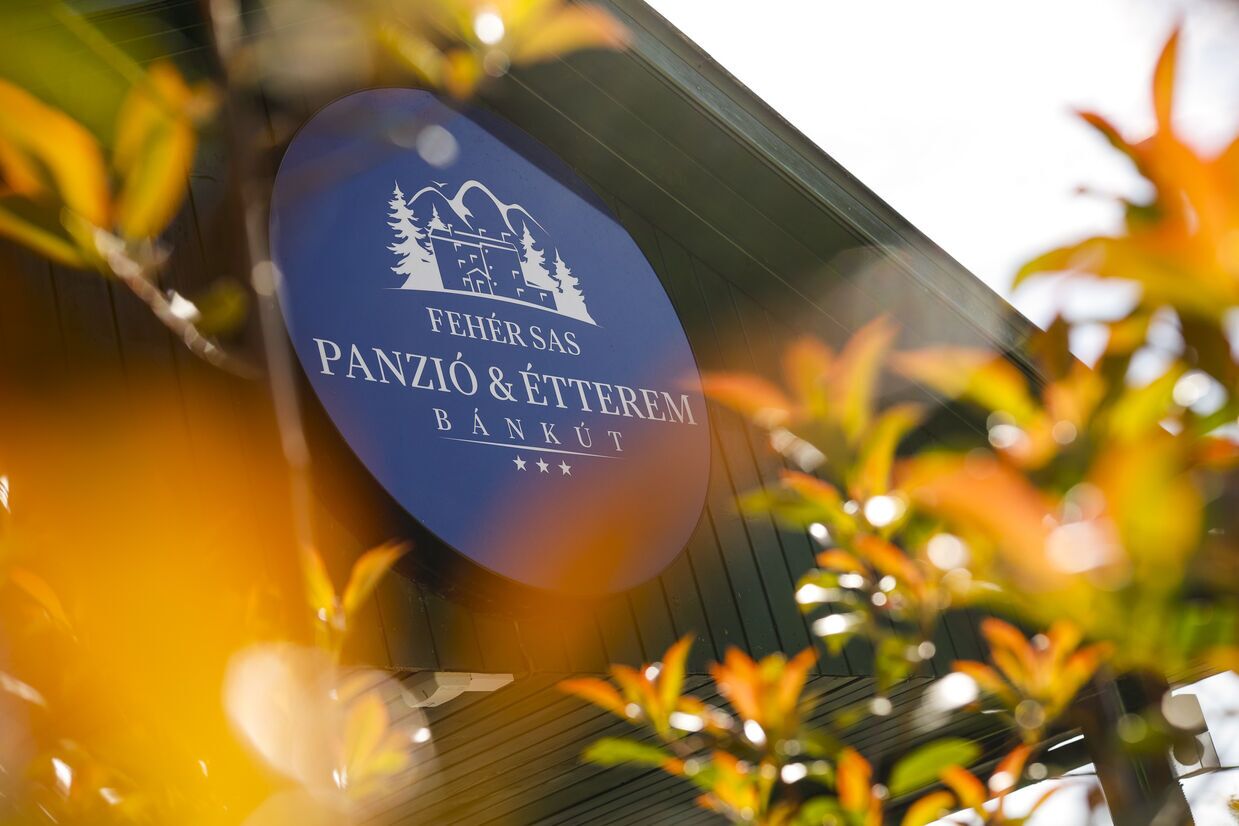 A sign for Pantziò & Eterem Bankù with a logo of trees and mountains.