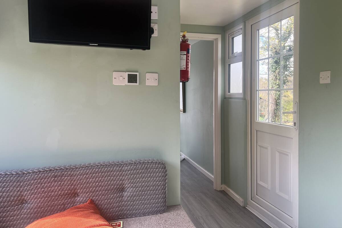 Habitació amb televisió de pantalla plana penjada a la paret, termòstat, extintor i porta que dona a un balcó amb vistes a arbres.