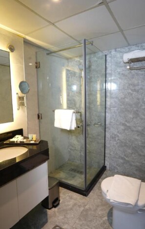A modern bathroom with a glass-enclosed shower, a sink with a mirror, and a toilet. - Concorde Palace Hotel (Dubai)