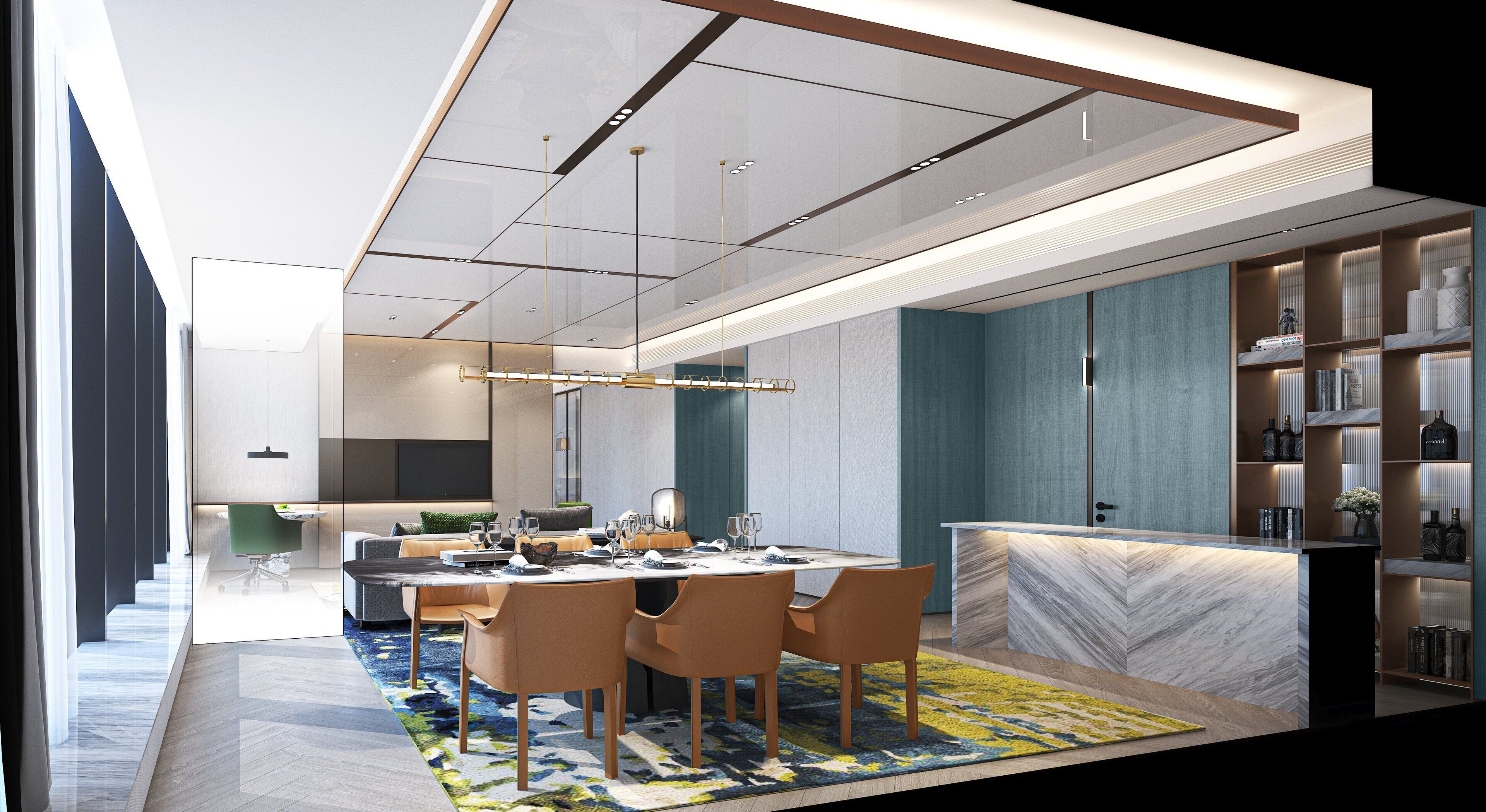 A modern dining area with a marble countertop, a long table, and several chairs.