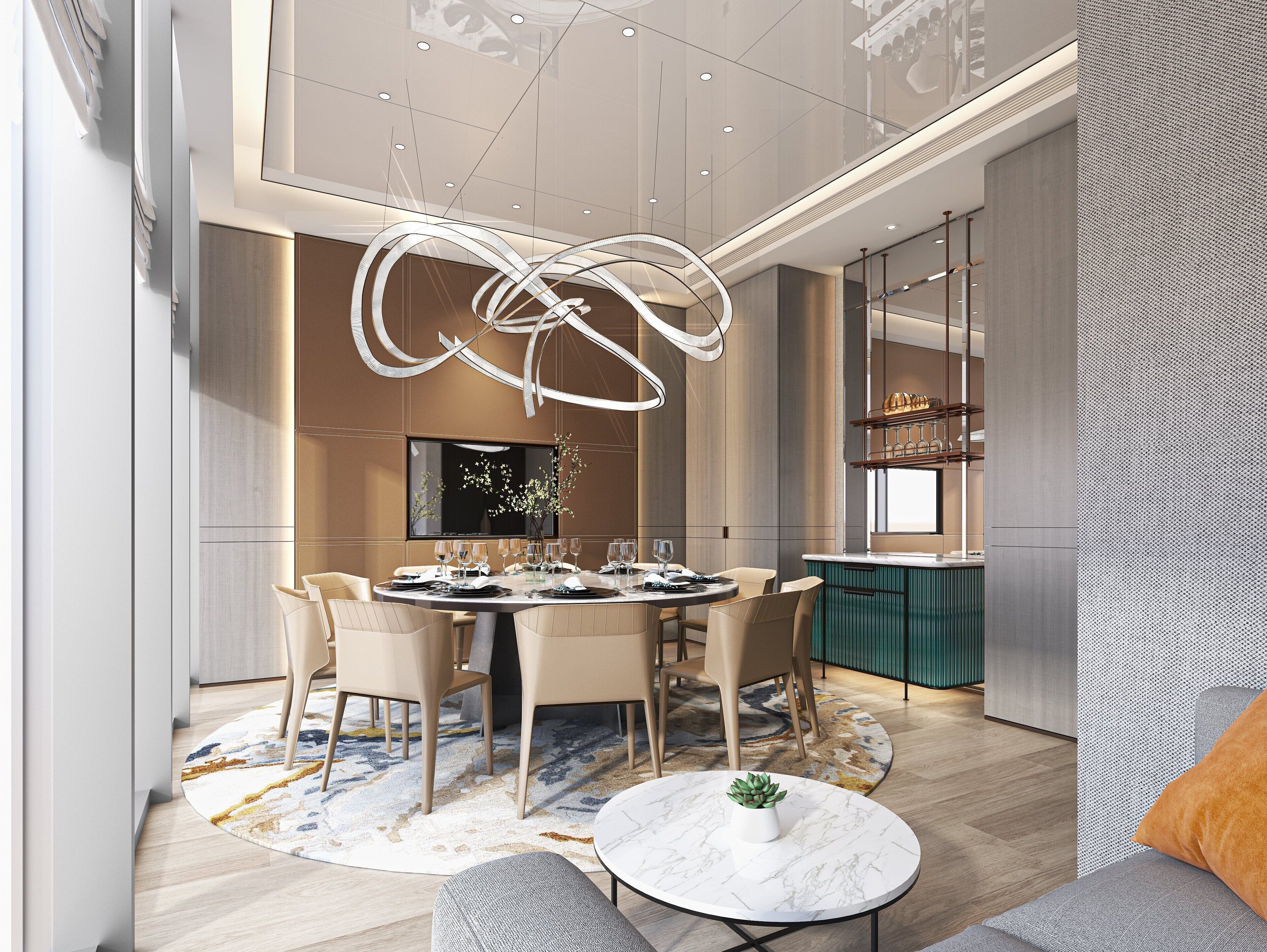 A modern dining area with a round table, chairs, and a decorative ceiling light.