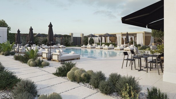 A poolside area with lounge chairs, umbrellas, and a dining setup. - Salento Winery Lodge (Manduria)