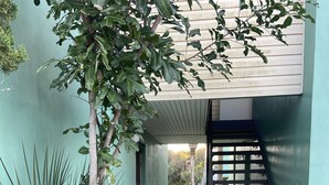 A covered outdoor area with a staircase leading to a building entrance, surrounded by greenery and a palm plant. - Long term Travelers: spacious 2 BR beach condo (Ormond Beach)