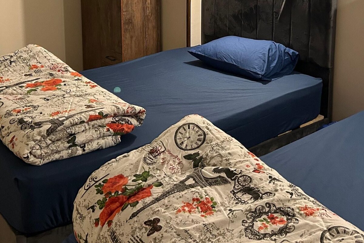 A bedroom with two beds, a wardrobe, a wall-mounted light, and a framed picture.