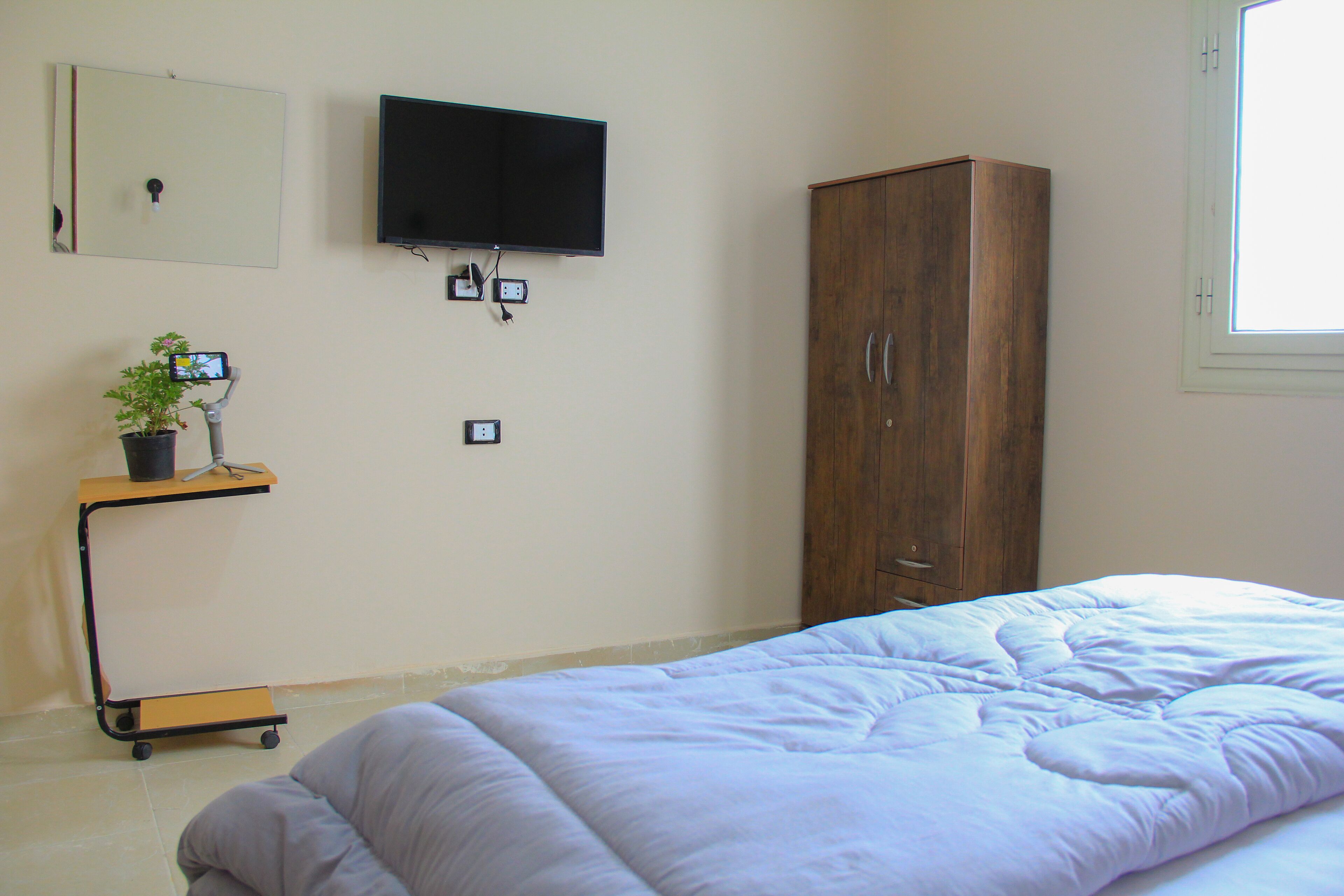 Un dormitorio con cama, armario de madera, televisor montado en la pared y una mesita con una planta.