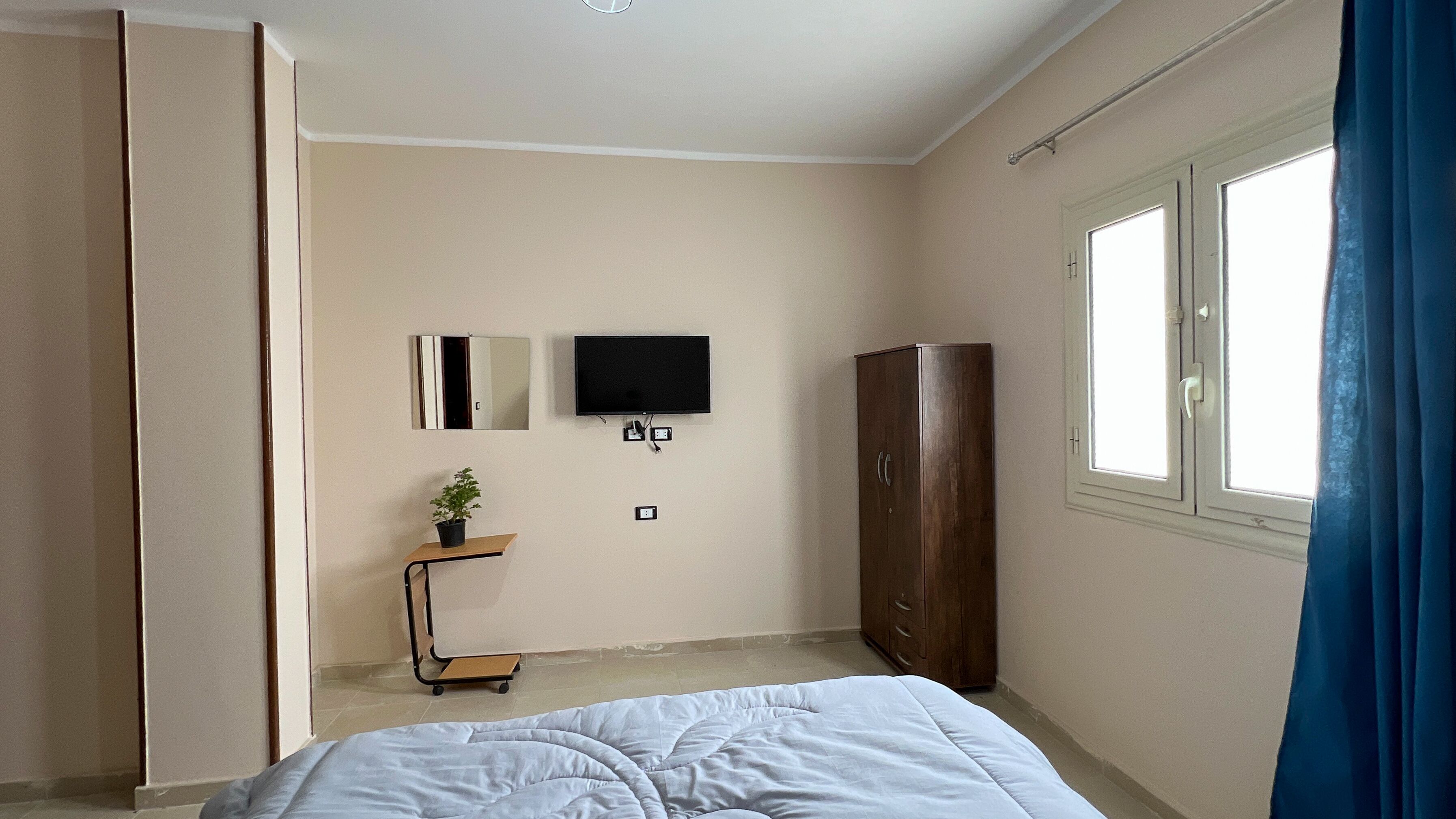 A bedroom with a bed, a wardrobe, a TV, a small table with a plant, and a window with curtains.