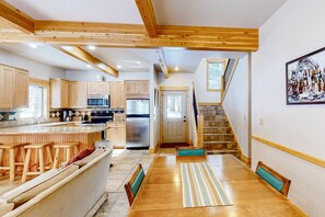 Fridge, microwave, oven, stovetop - Inviting riverfront home with fireplace, mountain view & W/D - dog-friendly (Joseph)