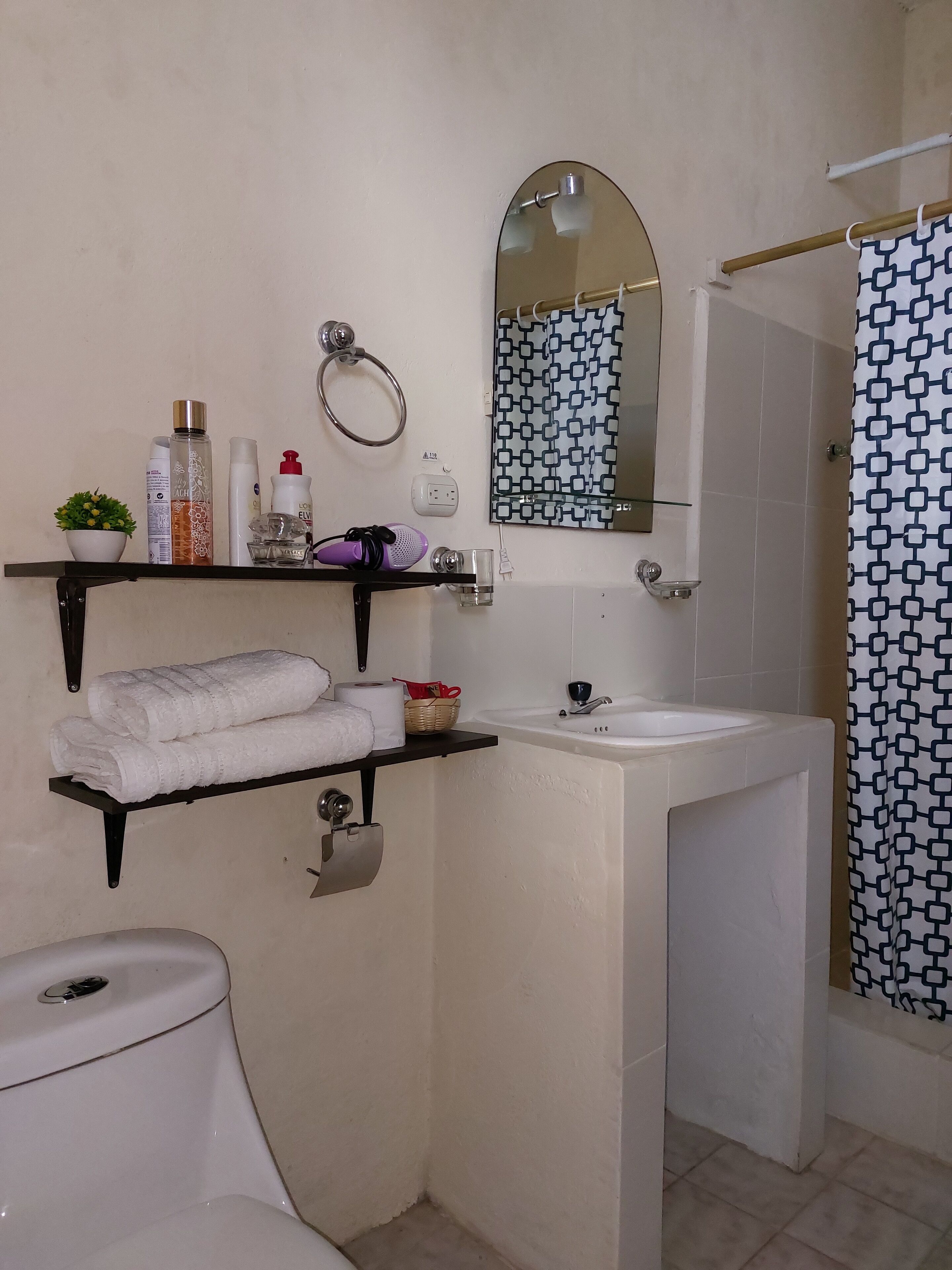 A bathroom with a toilet, a sink, a mirror, a towel rack, and a shower curtain.