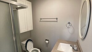 A bathroom with a toilet, a sink, a mirror, and a shower area. - Tiny House (not on water front) near lake martin, and boat ramp (Dadeville)