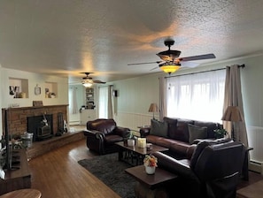 Smart TV, chimenea, reproductor de DVD y libros 