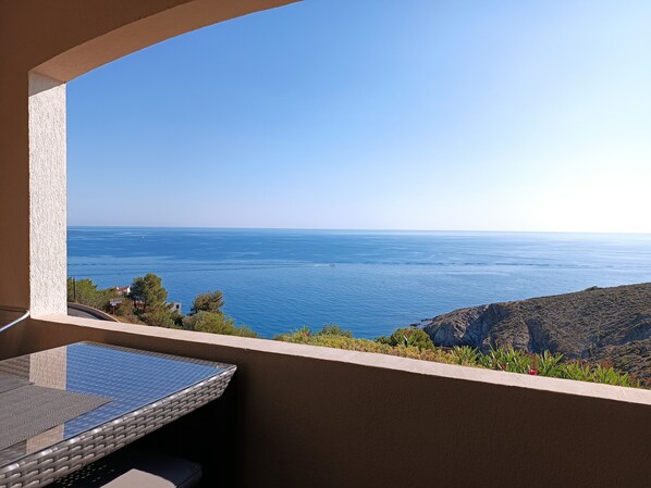 A balcony with a view of the sea and a mountainous landscape. - Apartment with a breathtaking ocean view (Banyuls-sur-Mer)