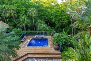 Eine Holzterrasse mit einem rechteckigen Pool, umgeben von üppiger Bepflanzung.