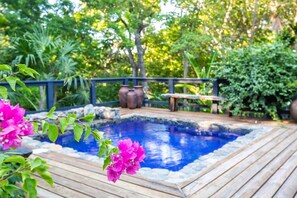 Ein Pool, umgeben von einer Holzterrasse, mit einer Steinumrandung und einer Bank.