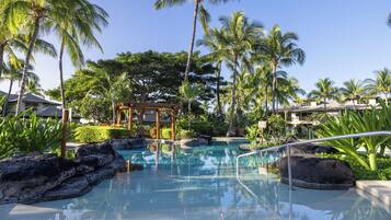 Outdoor pool, pool umbrellas, sun loungers