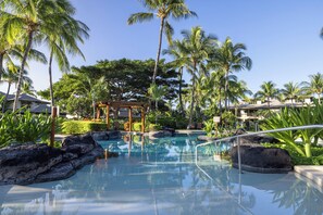 Outdoor pool, pool umbrellas, pool loungers