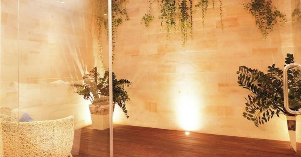 Una habitación con piso de madera, una silla tejida y plantas colgantes frente a una pared de ladrillo.