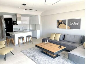 Contemporary living space with a sofa, coffee table, and kitchen area.