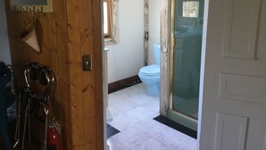 Un baño con inodoro, ducha y puerta de madera.