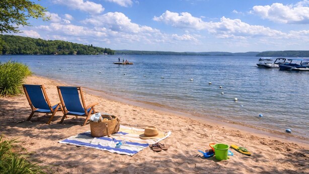 Une plage au bord d’un lac, avec deux chaises longues bleues, un sac en paille, un chapeau et des jouets de plage sur le sable.